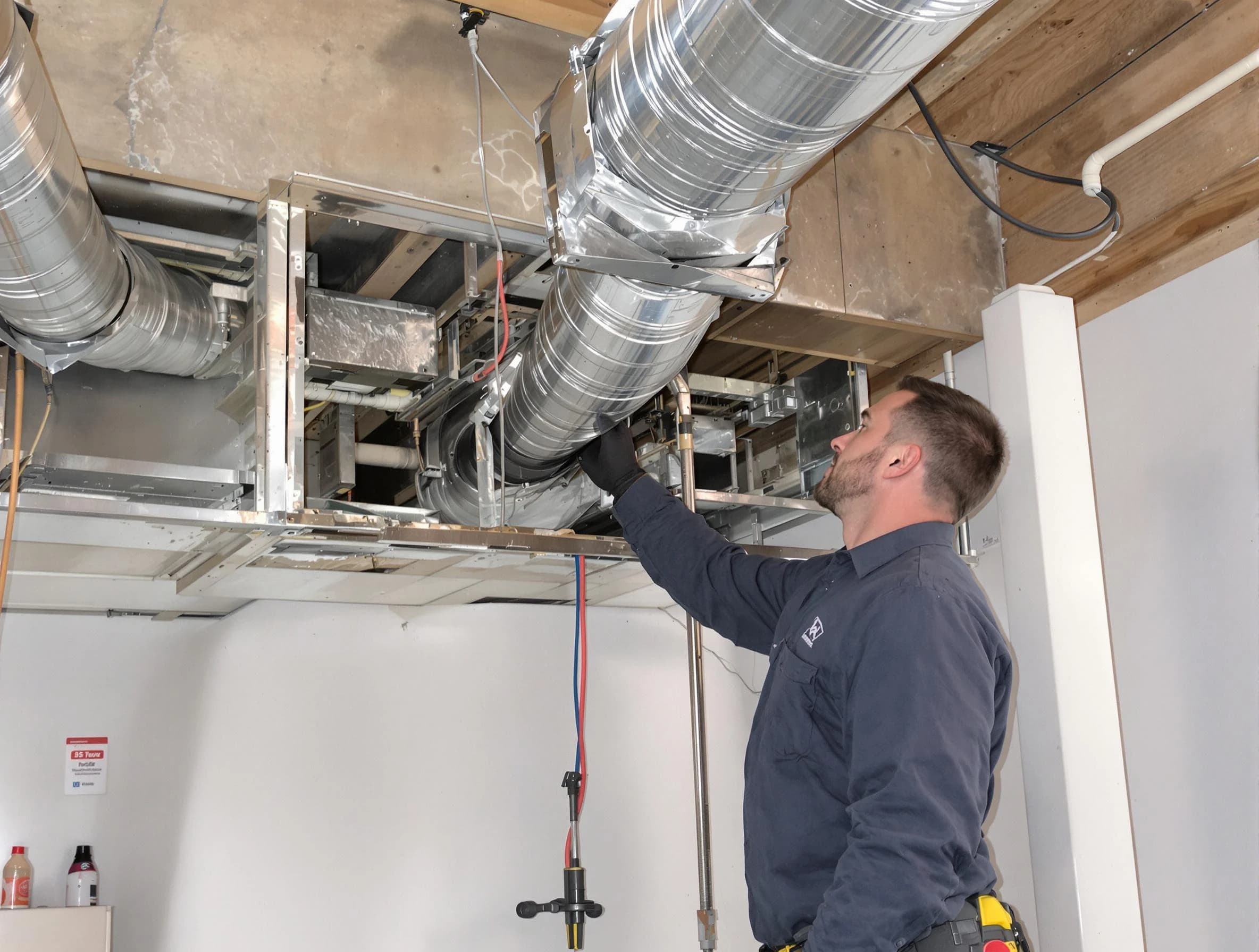 Robinson Air Duct Cleaning technician performing professional air duct repair using specialized tools in Robinson