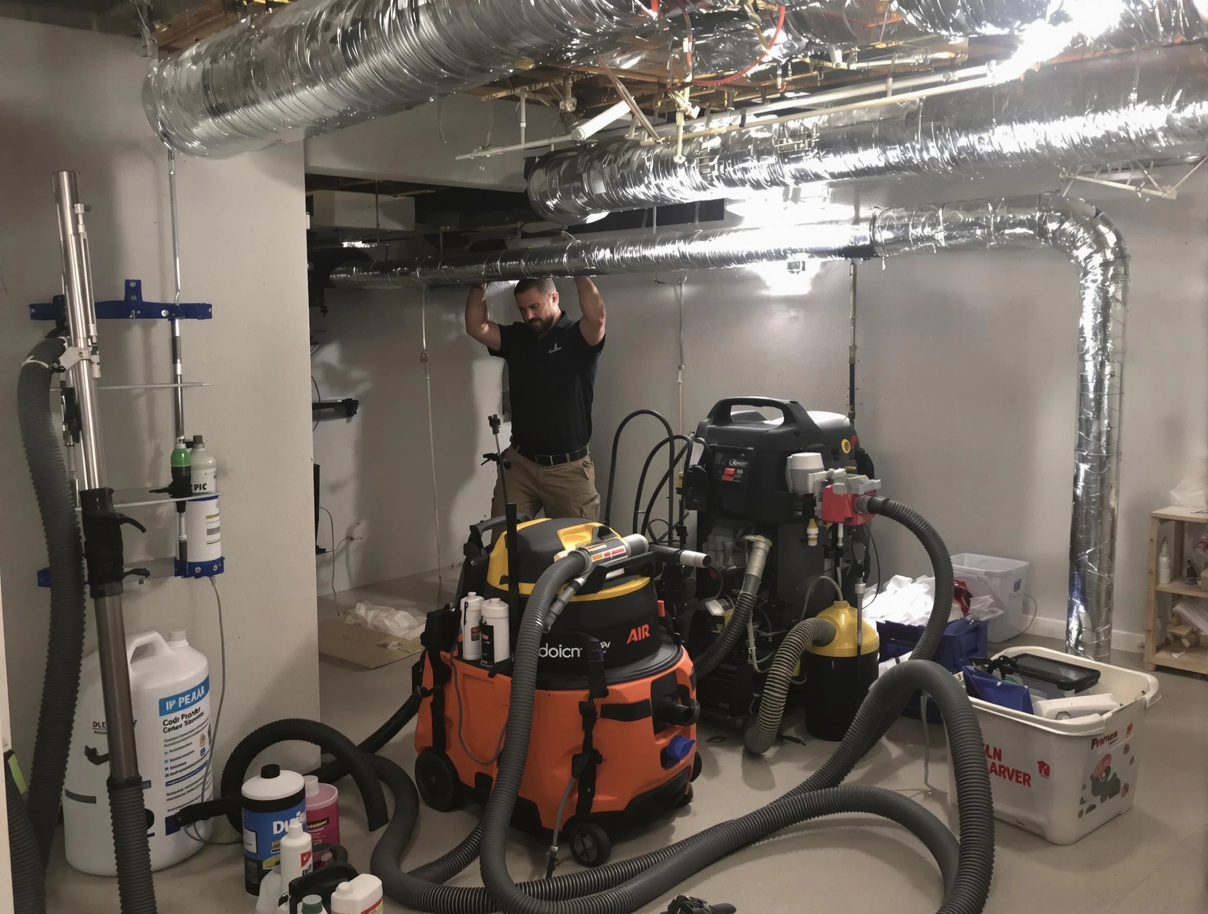 Robinson Air Duct Cleaning specialist performing professional mold removal from air ducts using safety equipment in Robinson